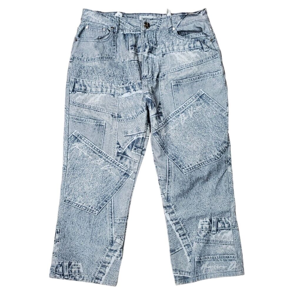 MANIERE DE VOIR Pants Womens 10 Gray Denim Pockets All Over Print Adjustable